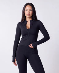 Long Sleeve Zip Up Jacket In Black + Elevate Legging in Black