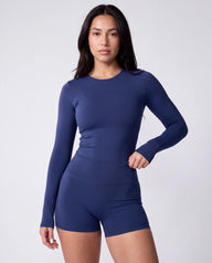 Long Sleeve Active Top In Dark Navy + High Waist Active Shorts In Dark Navy
