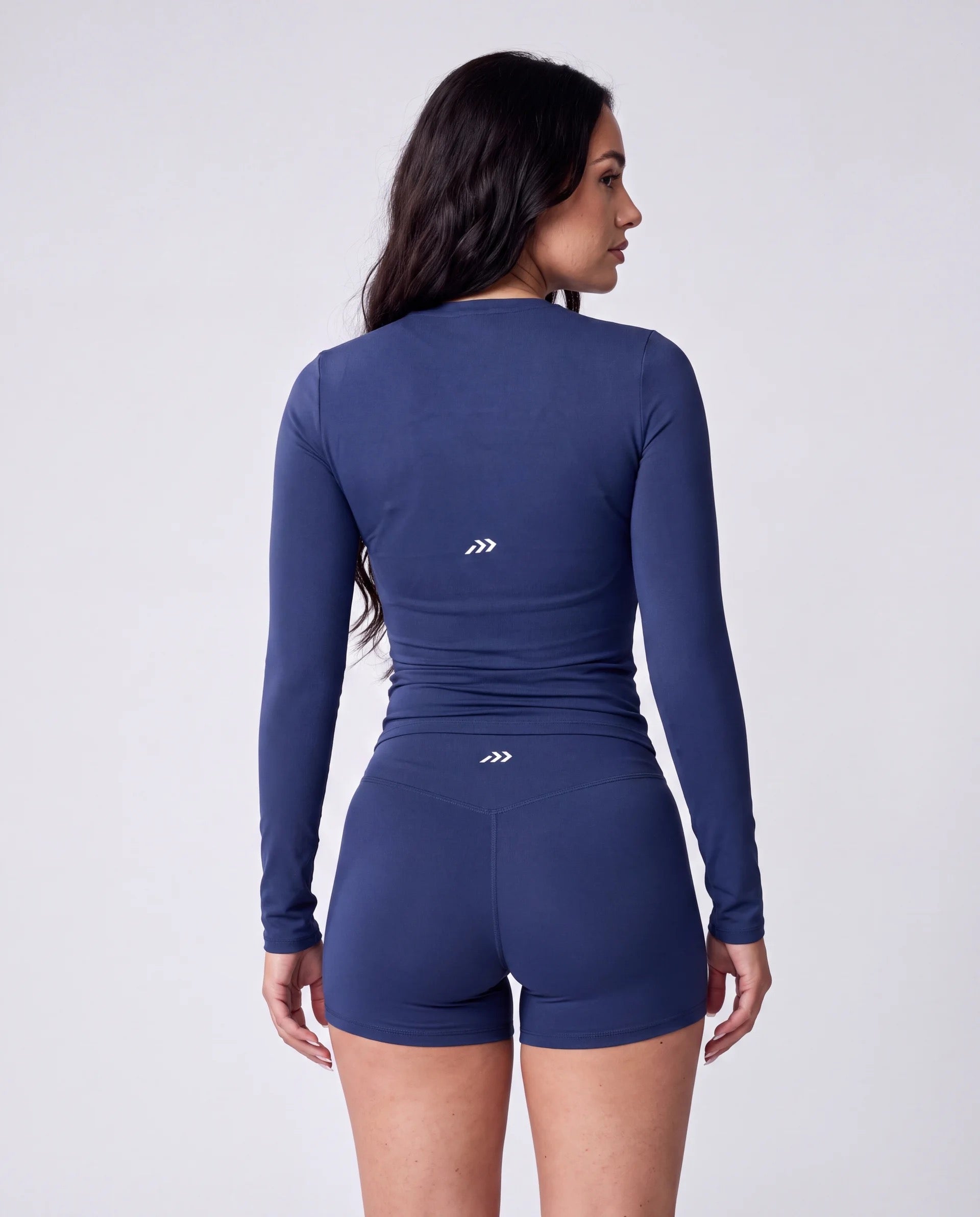 Long Sleeve Active Top In Dark Navy + High Waist Active Shorts In Dark Navy