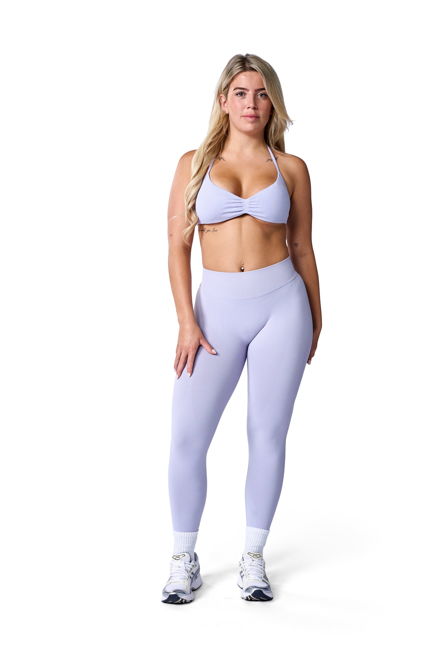 Minimal Halterneck Sports Bra In Lavender + Sculpt Ribbed Leggings In Lavender